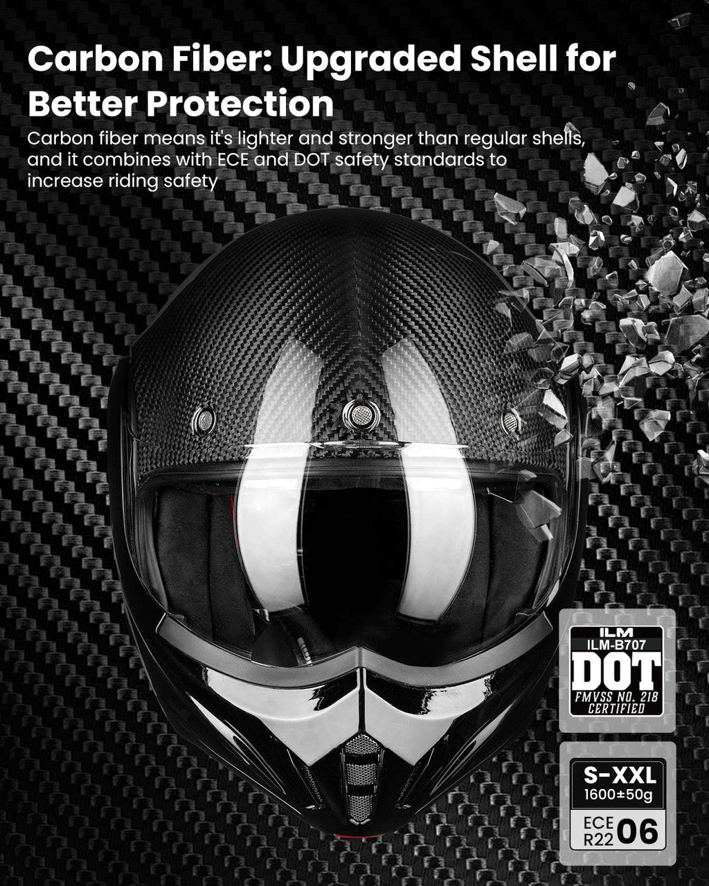ILM Carbon Fiber Vintage Full Face Modular Motorcycle Helmet Model B707C